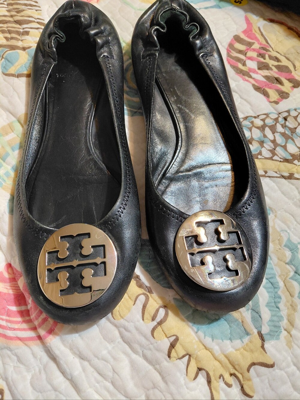 Tory Burch Women Flats Black Reva Soft Leather Ballet Silver Logo 9M